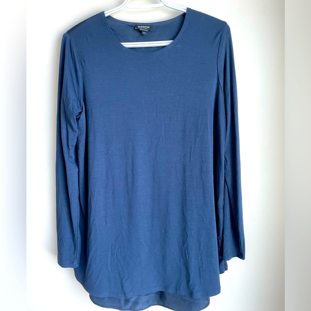 WORTH Rayon Silk Blouse Navy Blue Size S Hi-lo Long Sleeve